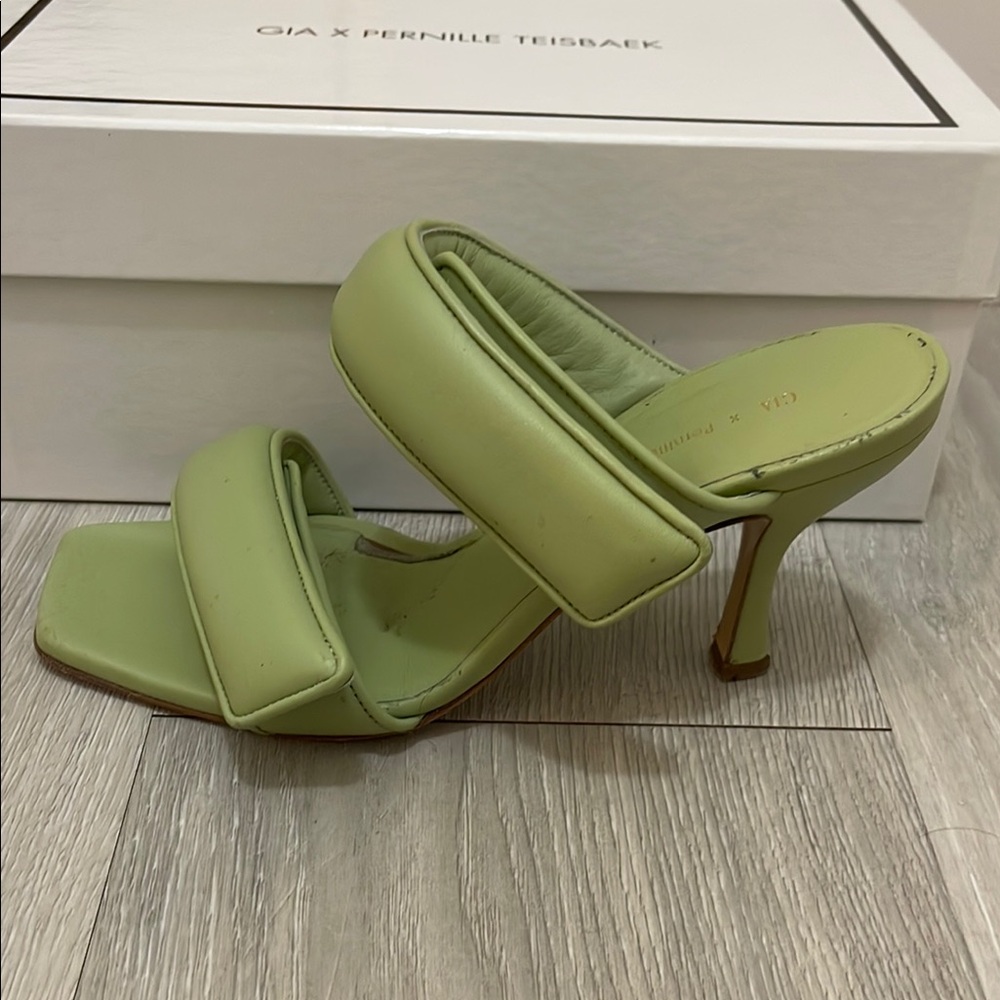 Gia Borghini x Pernille Teisbaek Acid Green Heeled Sandals